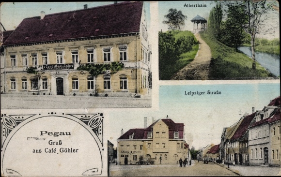 Postcard Pegau in Saxony, Café Göhler, Leipziger Straße, Alberthain
