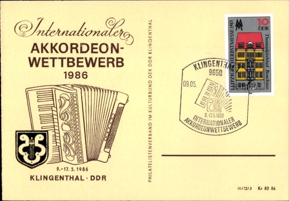 Postcard Klingenthal in Vogtland Saxony, Int. Accordion Competition 1986, GDR