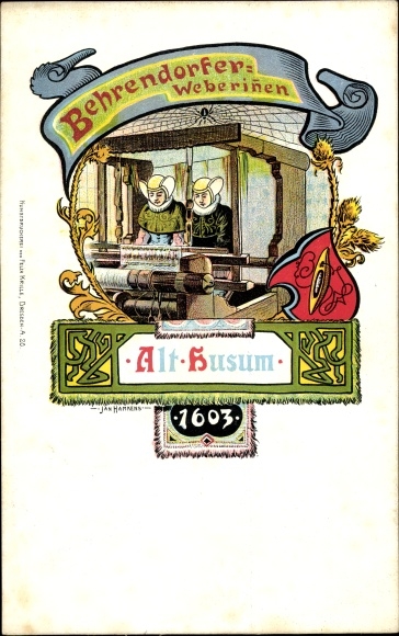 Artist PC Hamkens, Jan, Husum in North Friesland, Alt Husum 1603, Behrendorf weaver, loom