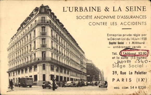 Postcard Paris IX, L'Urbaine & La Seine, insurance agency