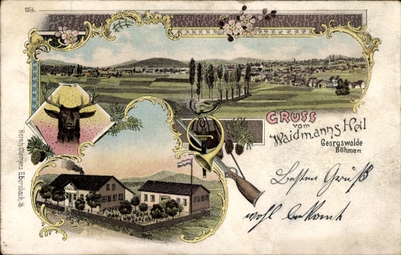 Litho Jiříkov Georgswalde Reg. Aussig, Gruß vom Waidmannsheil, Hirsch, Totalansicht vom Ort
