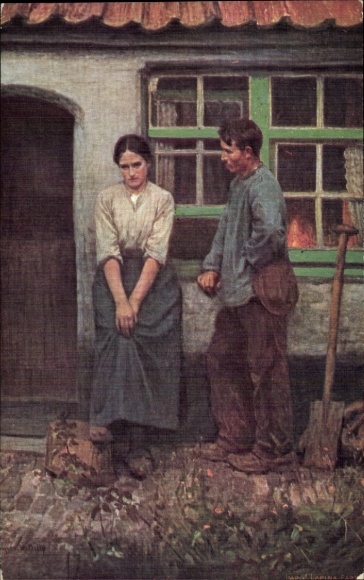 Künstler Ak Delly, Ein Abend in Flandern, Paar vor einem Haus