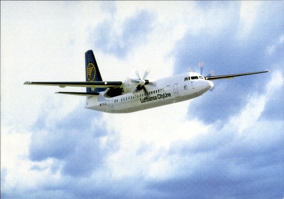 Postcard German passenger aircraft of Lufthansa City Line, Fokker 50, propeller plane