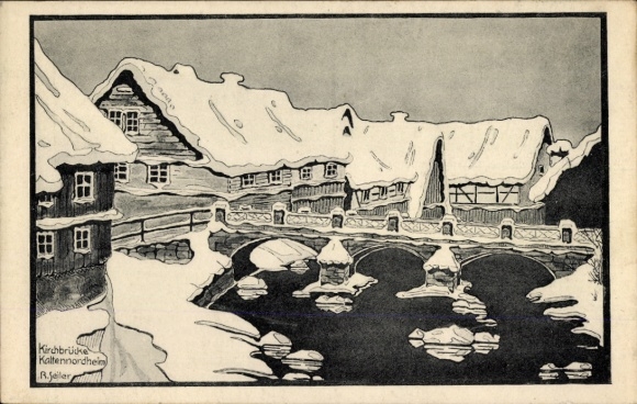 Künstler Ak Kaltennordheim in der Rhön, Kirchbrücke, Winter
