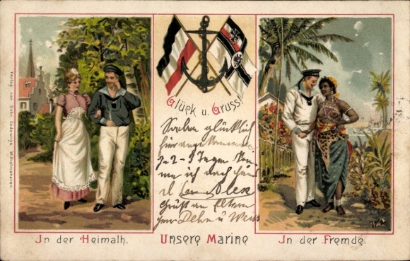 Embossed Chromo-Litho German Navy, sailor with women at home and abroad, flags