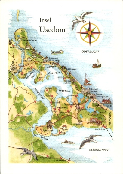 Maps Postcard Island of Usedom, Nautical Star, Achterwasser, Small Lagoon, Oder Bay