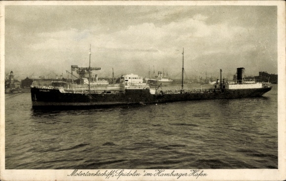 Postcard motor tanker Spidolin in the port of Hamburg, advertising car oil