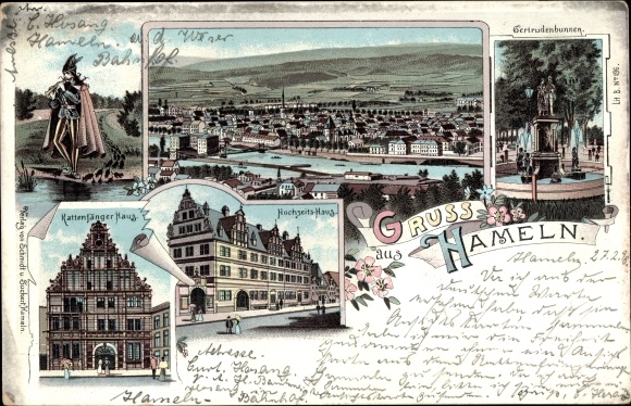 litho Hamelen in Nedersaksen, rattenvanger, huwelijkshuis, Gertrudenbrunnen, rattenvangerhuis