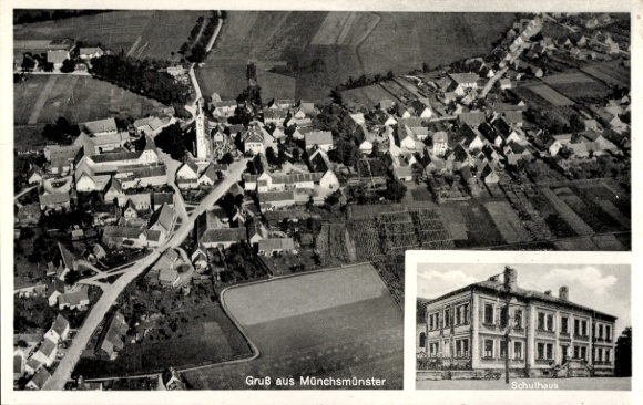 Postcard Münchsmünster in Upper Bavaria, aerial photograph, schoolhouse