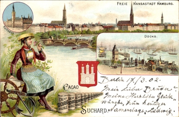 Chromo-Litho Hanseatic City of Hamburg, panorama, town hall, docks, woman in traditional costume, Cacao Suchard