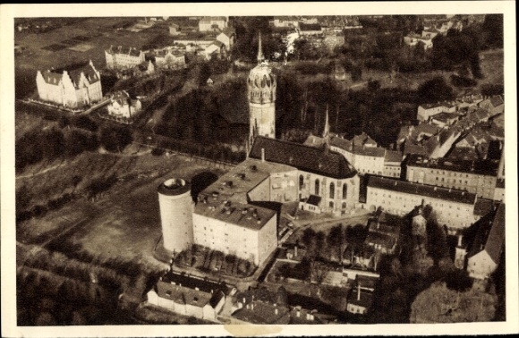Postcard Lutherstadt Wittenberg, aerial photograph, Castle Church, Beautiful Germany Image 148