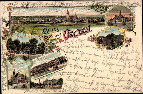 Chromo-Litho Uelzen in Lower Saxony, total view, Fischerhof, train station, post office, town hall, high school