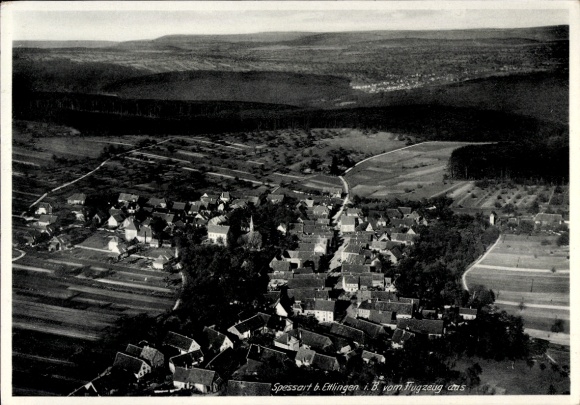 Postcard Ettlingen in Baden, aerial view of rural surroundings, inn and butcher shop