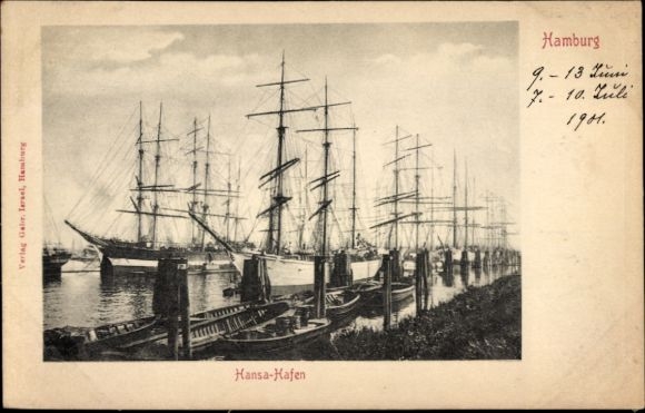 Postcard Hamburg, Hansahafen, sailing ships