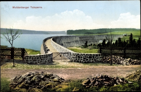 Postcard Muldenberg in Saxony, dam, barrier wall