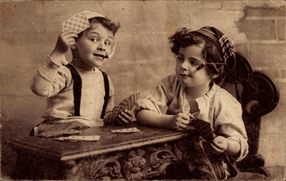 Postcard Children with cigar playing cards