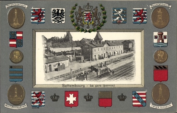 Embossed coat of arms Passepartout Postcard Bettemburg Bettemburg Luxembourg, Gare, Perron