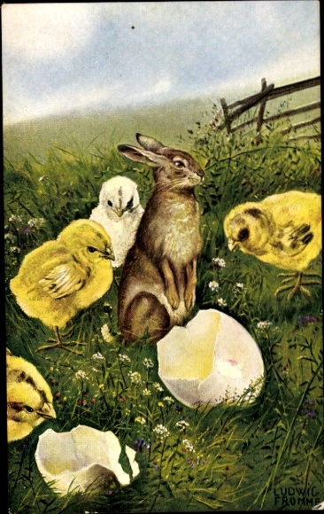 Artist Postcard Fromme, L., Easter, Easter bunny, chicks, eggshells, meadow