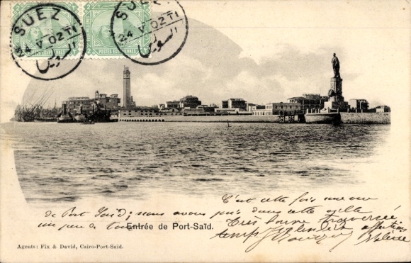 Postcard Port Said Egypt, harbor entrance, lighthouse, statue