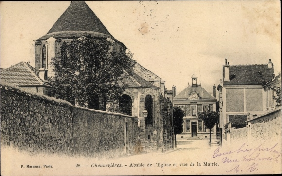 Postcard Chennevières-sur-Marne Val de Marne, Apse of the Church and view of the Town Hall