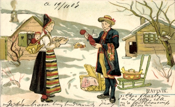 Chromo-Litho Rättvik Sweden, couple in Swedish traditional costumes, sleigh, houses, trade