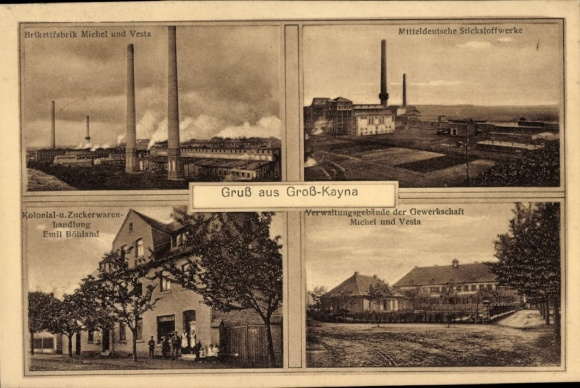 Postcard Großkayna Braunsbedra Saalekreis, briquette factory, nitrogen works, grocery store
