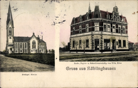 Ak Röhlinghausen Eickel Herne im Ruhrgebiet, Ev. Kirche, Buchhandlung Wilh. Erbe, Papierhandlung