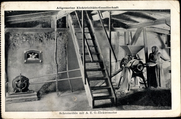 Postcard AEG, grist mill with electric motor, advertisement