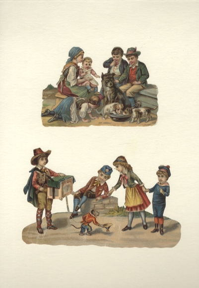 2 wafers of children playing with dogs, children with barrel organ and monkey, approx. 8 x 12 / 9 x 16 cm