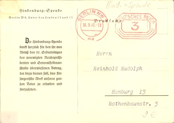 Postcard Reich President Paul von Hindenburg, portrait
