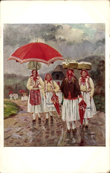 Artist Postcard Nasta Rojc, On the Country Road, Women in Croatian Costume