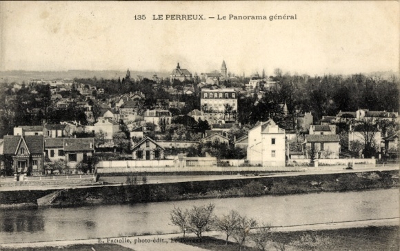 Ak Le Perreux sur Marne Val de Marne, Panoramablick auf  Fluss im Vordergrund, Häuserreihe, viele