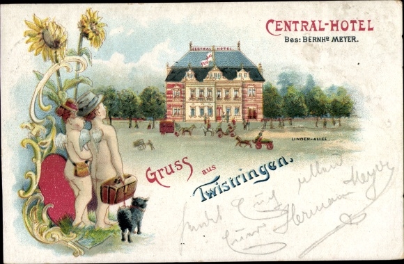 Chromo-Litho Twistringen Lower Saxony, Central Hotel, angel with suitcase
