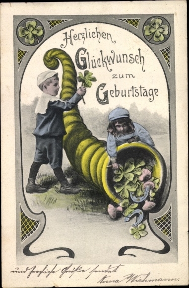 Postcard congratulations birthday, lucky clover, children, horn