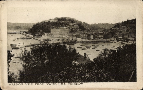 Ak Torquay Devon England, Panorama von Waldon Hill, Vane Hill,  Hafen, Boote