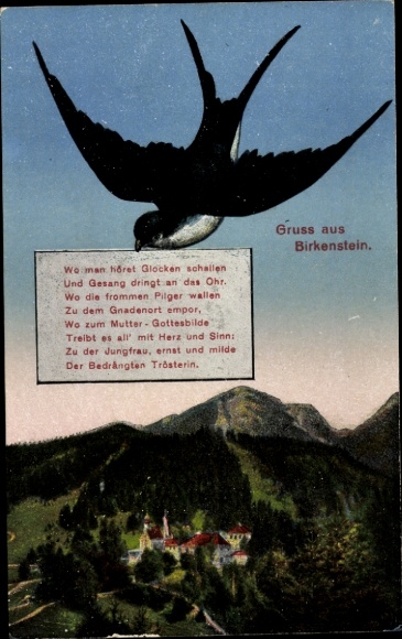 Postcard Birkenstein Fischbachau in Upper Bavaria, poem, swallow, panorama