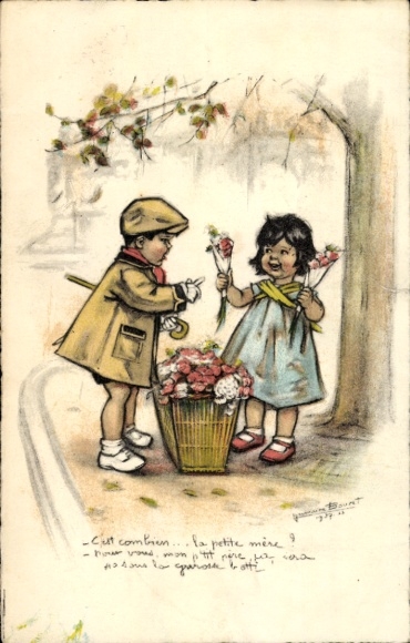 Artist Postcard Bouret, Germaine, Children, Flower Seller