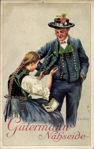 Artist Postcard Liebich, Gütermann's sewing silk, advertisement, man and woman in traditional costumes