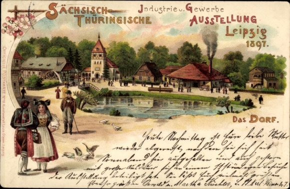 litho Leipzig, Saksische Thüringer Industrie- en Handelstentoonstelling 1897, klederdracht, dorp