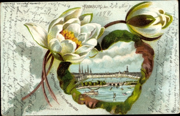 Water lily leaf Chromo-Litho Hamburg Mitte Altstadt, Alster basin, Lombardsbrücke