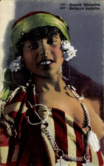 Postcard Morocco, woman with bare breast, headscarf, jewelry