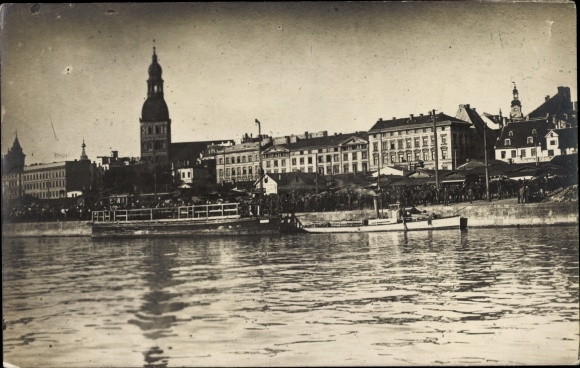 Photo Postcard Riga Latvia, ferry boat at the pier, tugboat