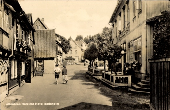 Postcard Altenbrak Thale in the Harz, street section with Hotel Bodeheim