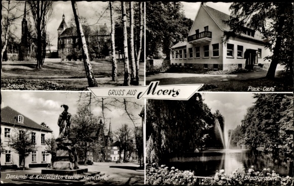 Postcard Moers am Niederrhein, Park-Cafe, Castle, City Park, Monument to the Electress Luise Henriette