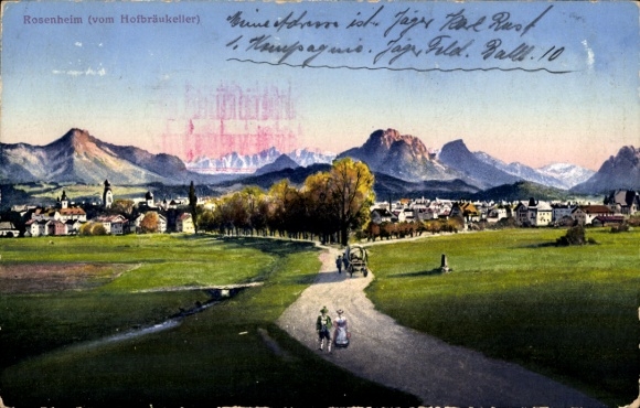 Postcard Rosenheim Upper Bavaria, landscape with mountains, path and trees, motif, blue sky