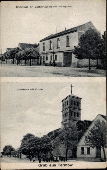 Postcard Tarmow Fehrbellin in Brandenburg, village street, Heidepriem inn, church