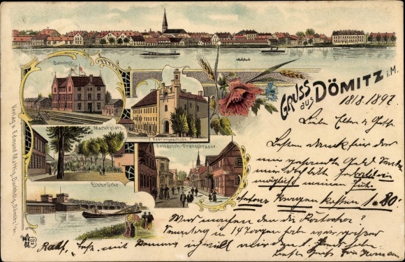 Chromo-Litho Dömitz on the Elbe Mecklenburg, train station, market square, Elbe bridge, Friedrich Franz Strasse