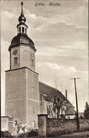 Ak Gröba Riesa an der Elbe, Ansicht der Kirche, Mauer, Turm, Grabsteine