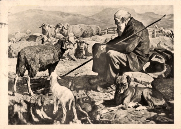 Artist PC Strahn, Jos., shepherd's rest, shepherd with flock, HDK 530