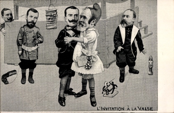 Postcard L'Invitation à la Valse, Emile Loubet, Viktor Emmanuel III, Edward VII, Tsar Nicholas II, Emperor